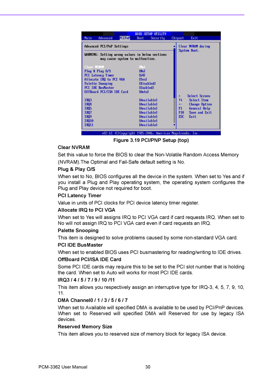 Advantech PCM-3362 Plug & Play O/S, PCI Latency Timer, Allocate IRQ to PCI VGA, Palette Snooping, PCI IDE BusMaster 