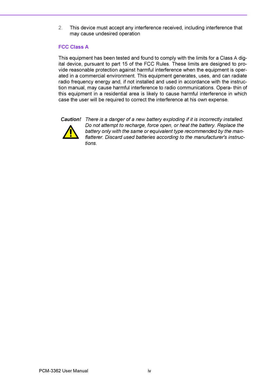 Advantech PCM-3362 user manual FCC Class a 