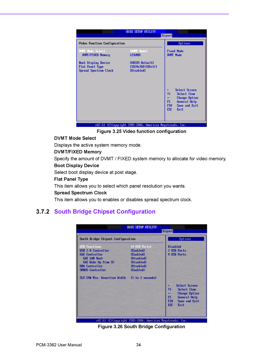 Advantech PCM-3362 user manual South Bridge Chipset Configuration, DVMT/FIXED Memory, Boot Display Device, Flat Panel Type 