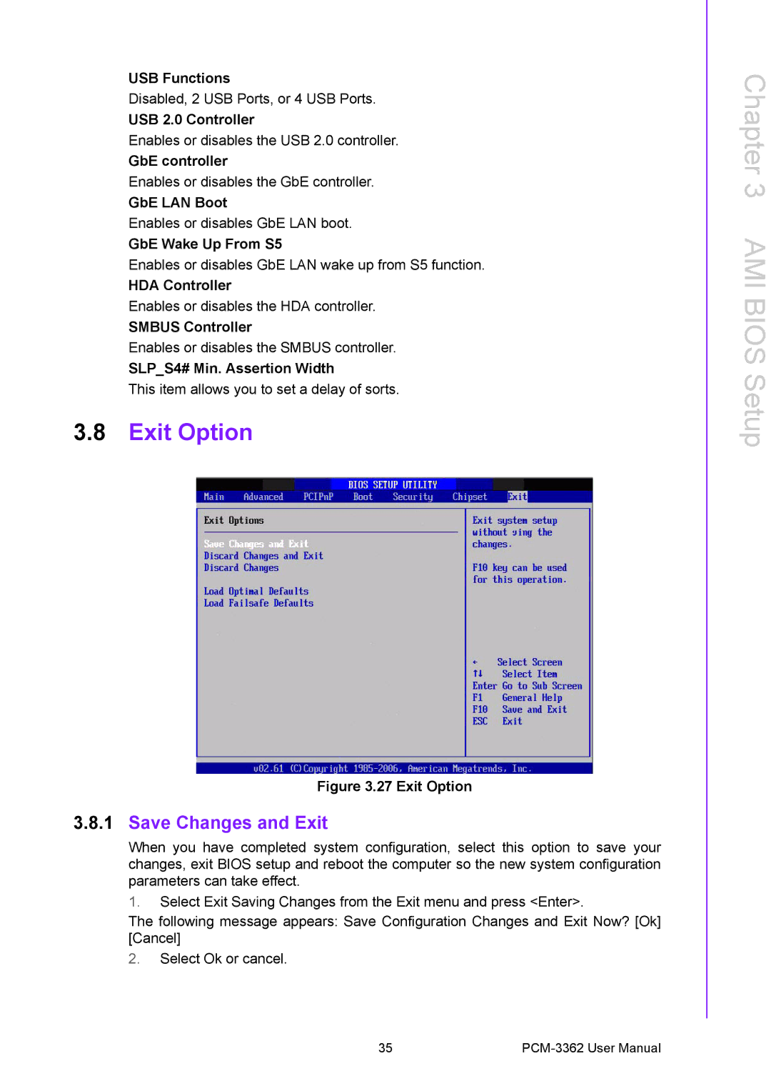 Advantech PCM-3362 user manual Exit Option, Save Changes and Exit 