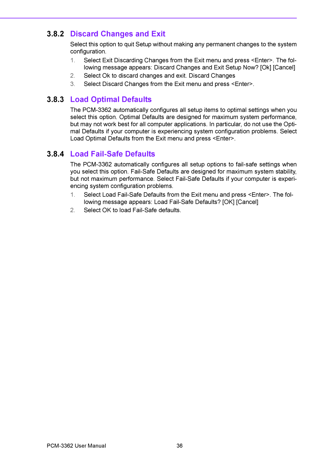 Advantech PCM-3362 user manual Discard Changes and Exit, Load Optimal Defaults, Load Fail-Safe Defaults 