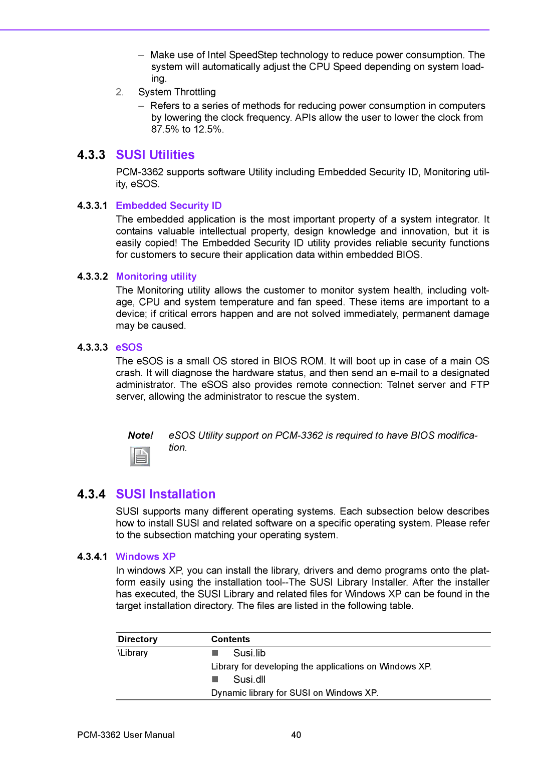 Advantech PCM-3362 user manual Susi Utilities, Susi Installation, Susi.lib, Susi.dll 