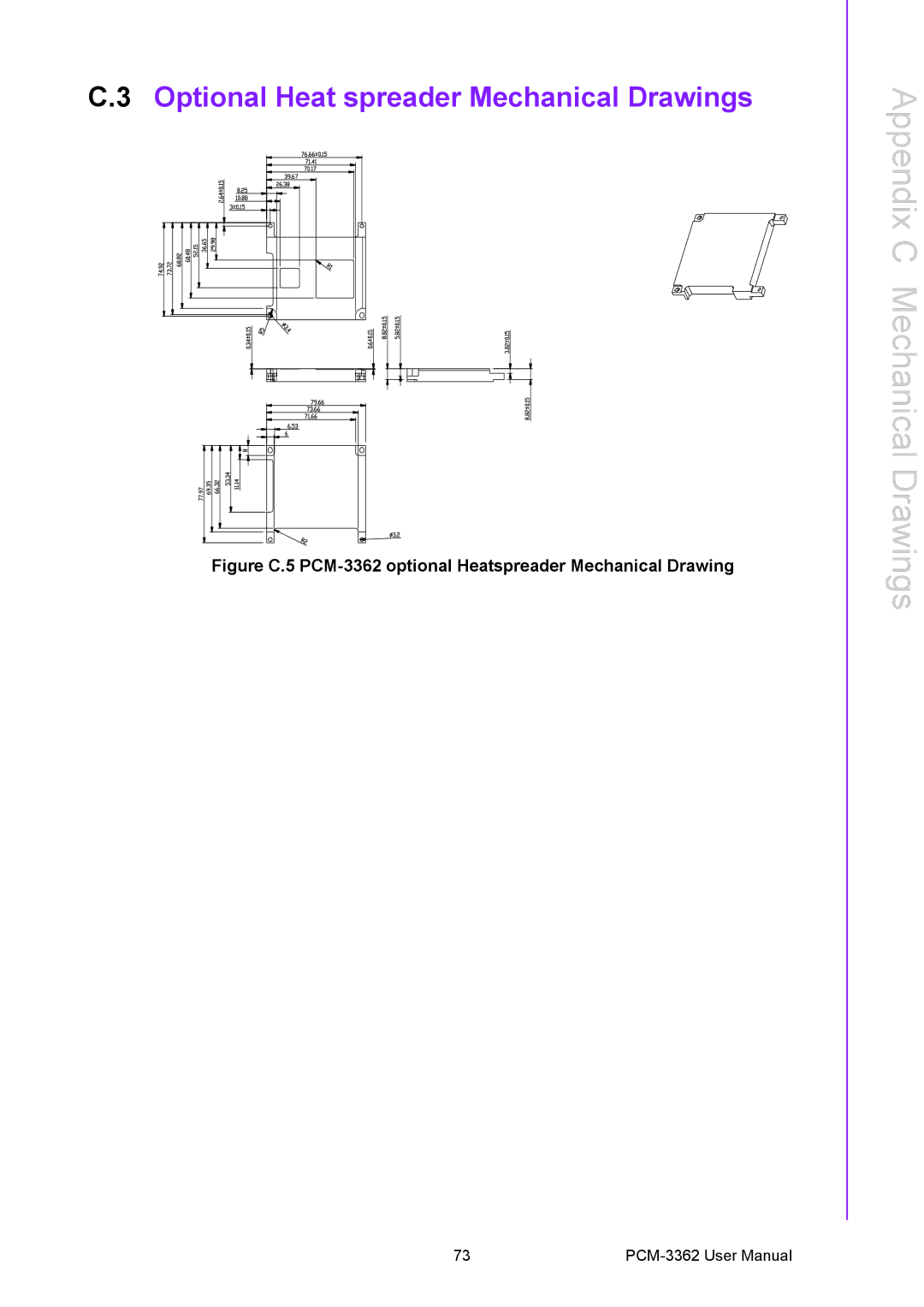 Advantech PCM-3362 user manual Optional Heat spreader Mechanical Drawings 