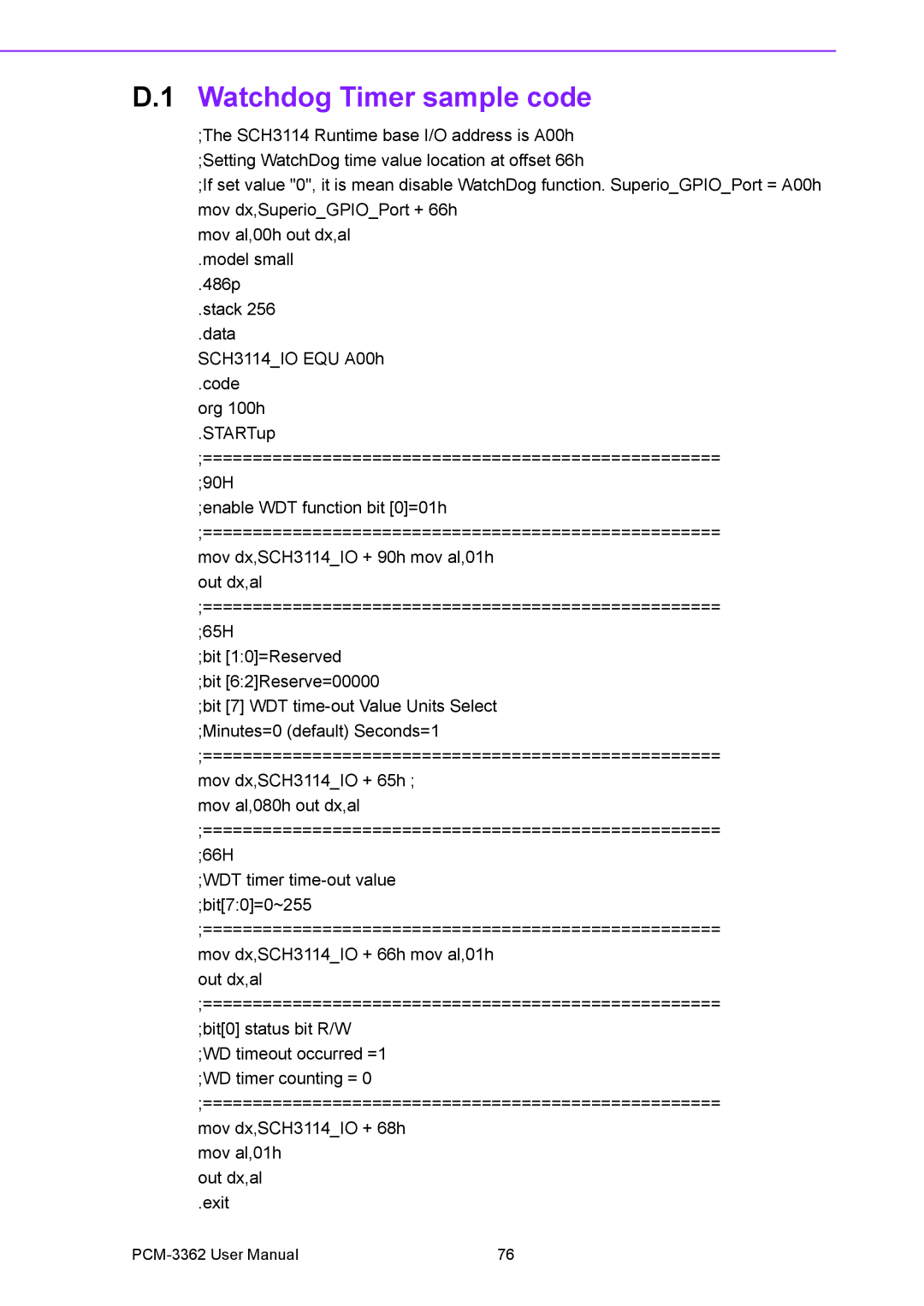 Advantech PCM-3362 user manual Watchdog Timer sample code, Bit 10=Reserved Bit 62Reserve=00000 