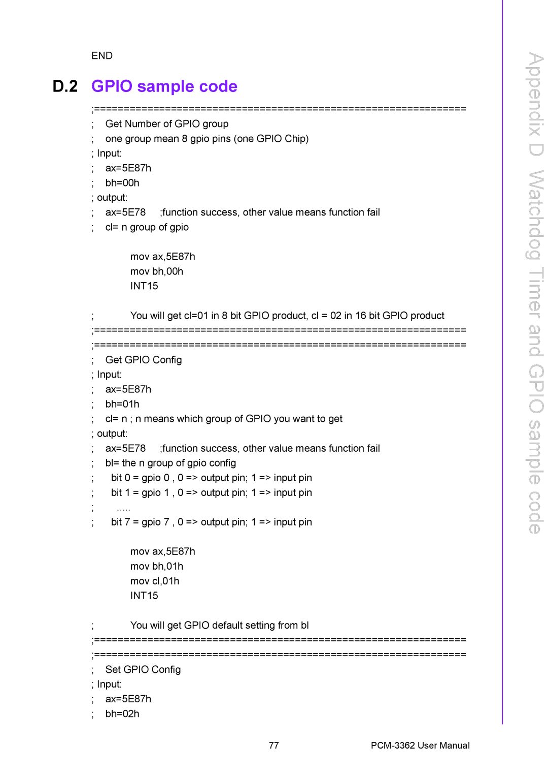 Advantech PCM-3362 user manual Appendix D Watchdog Timer and Gpio sample code 