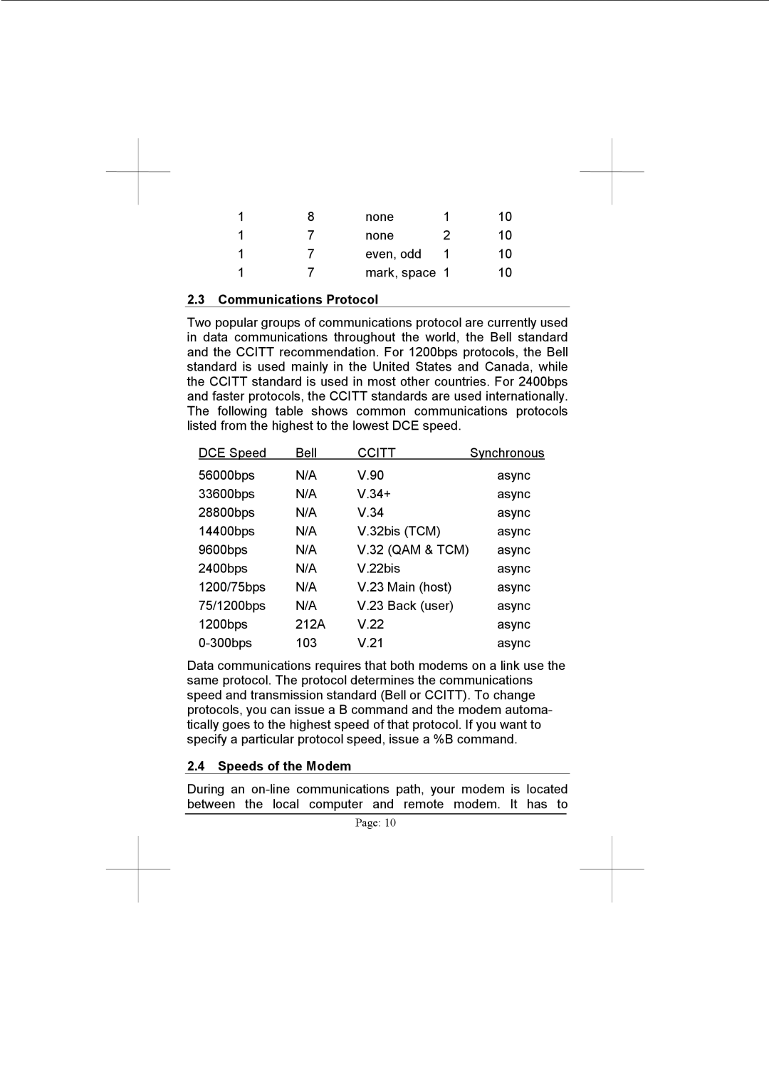 Advantech PCM-3601 user manual Communications Protocol, Speeds of the Modem 