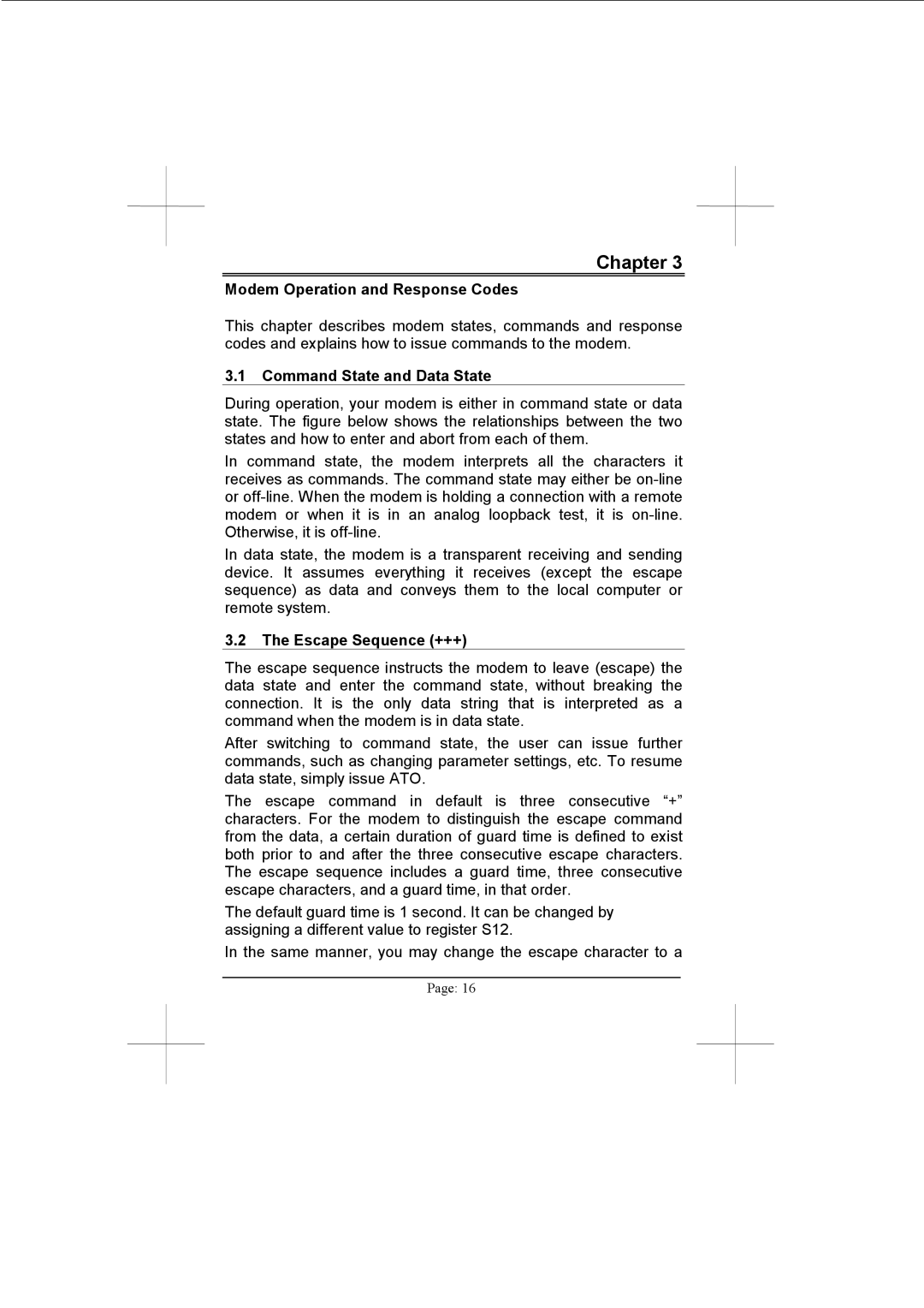 Advantech PCM-3601 user manual Modem Operation and Response Codes, Command State and Data State, Escape Sequence +++ 