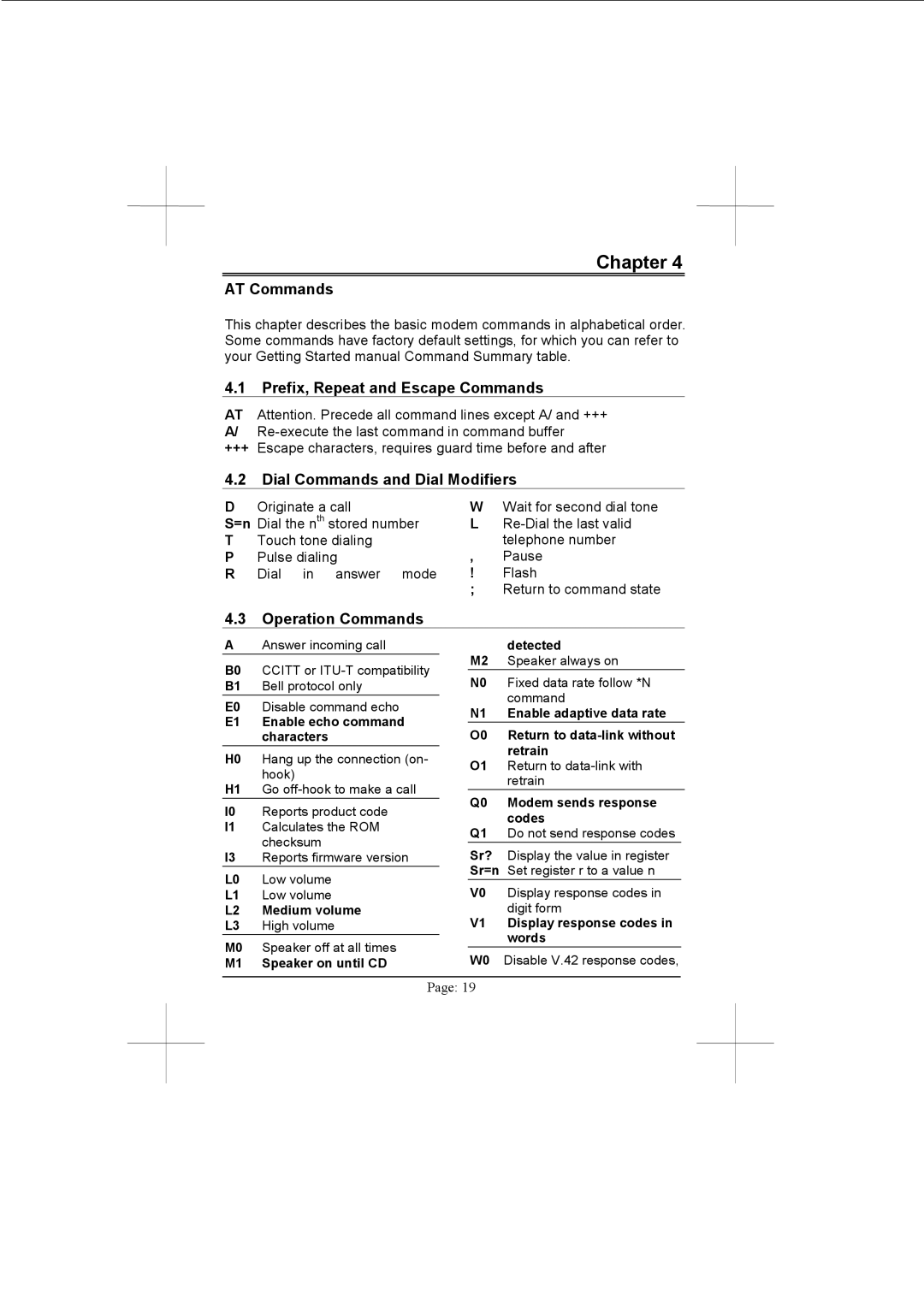 Advantech PCM-3601 AT Commands, Prefix, Repeat and Escape Commands, Dial Commands and Dial Modifiers, Operation Commands 