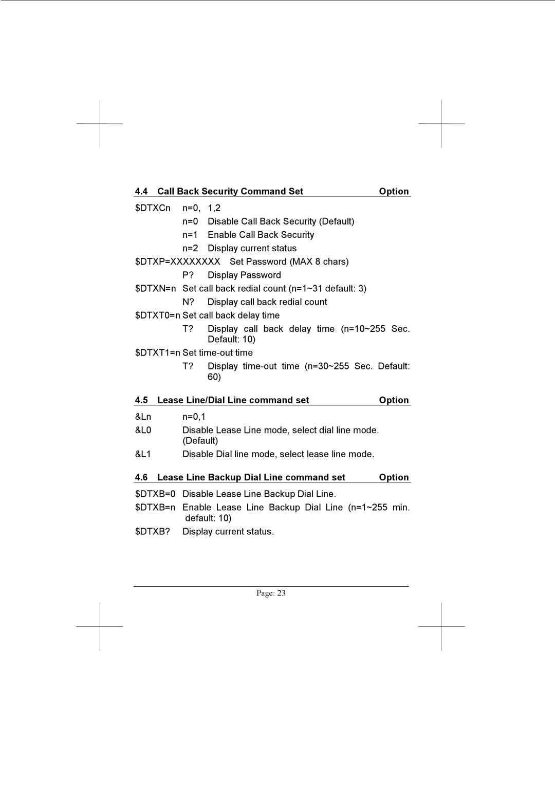 Advantech PCM-3601 user manual Call Back Security Command Set Option, Lease Line/Dial Line command set Option 