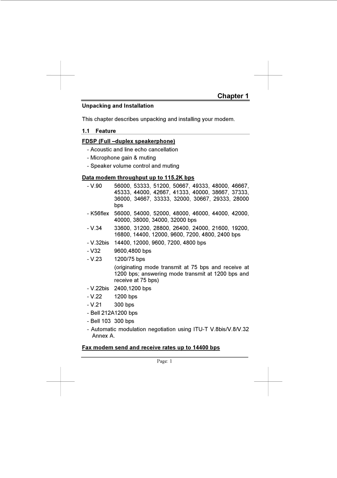 Advantech PCM-3601 user manual Chapter, Unpacking and Installation, Feature Fdsp Full -duplex speakerphone 