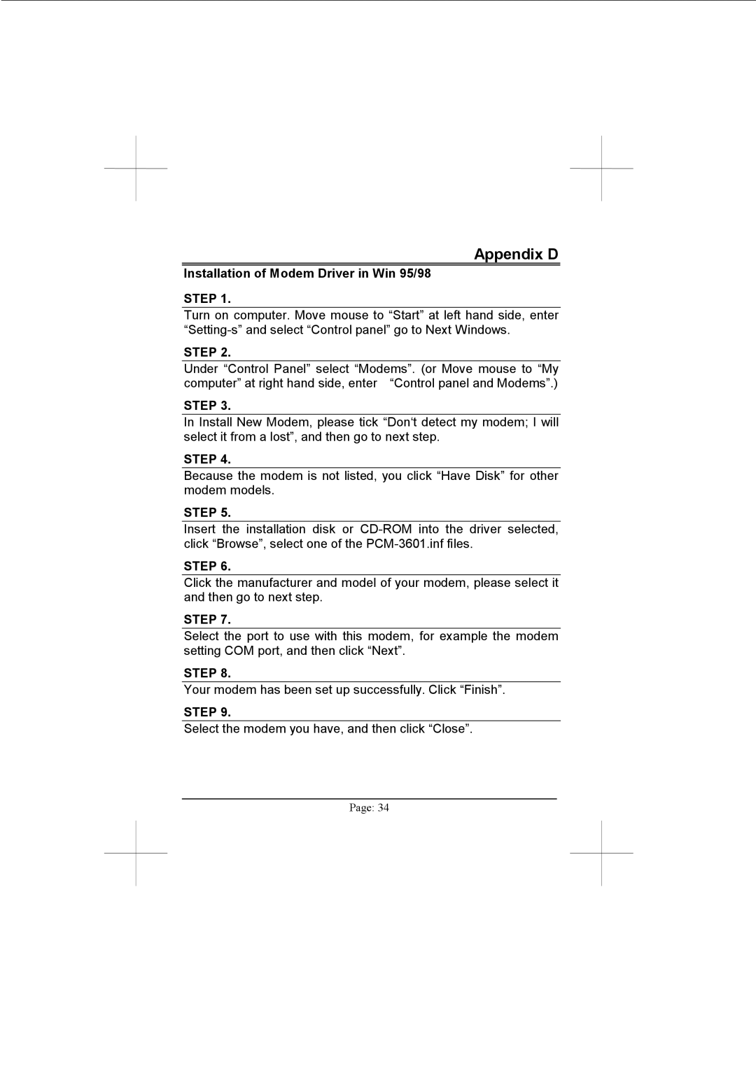 Advantech PCM-3601 user manual Appendix D, Installation of Modem Driver in Win 95/98 