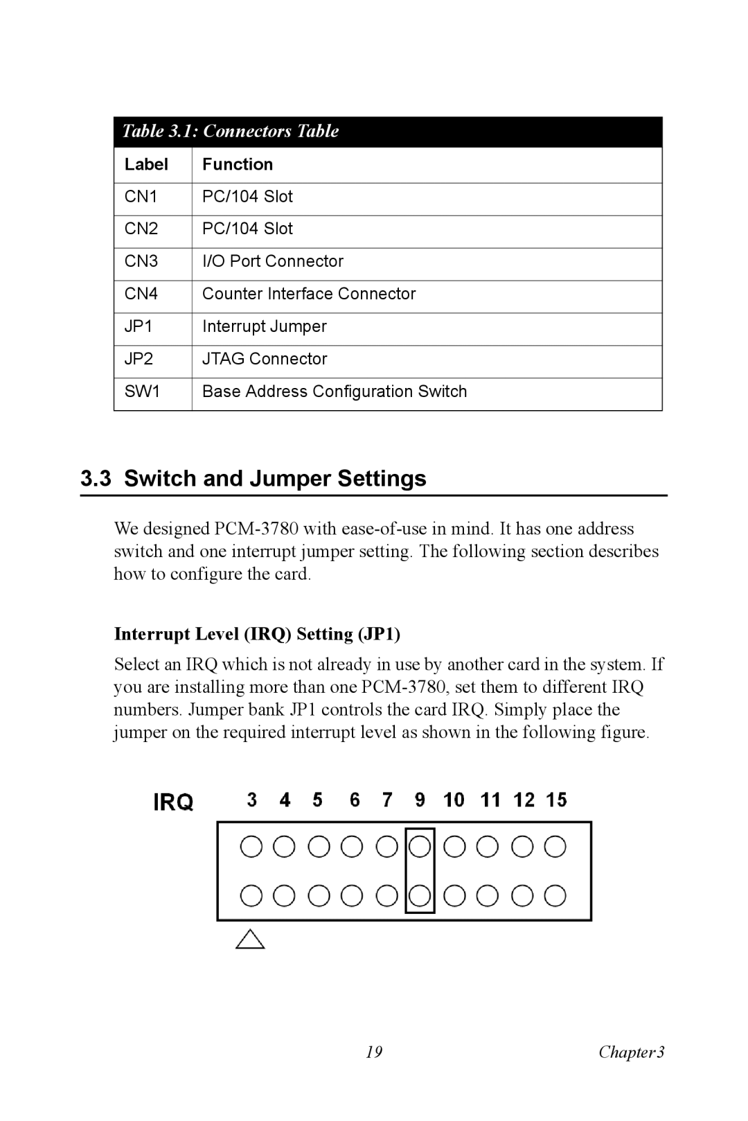 Advantech PCM-3780 manual Switch and Jumper Settings, Interrupt Level IRQ Setting JP1 