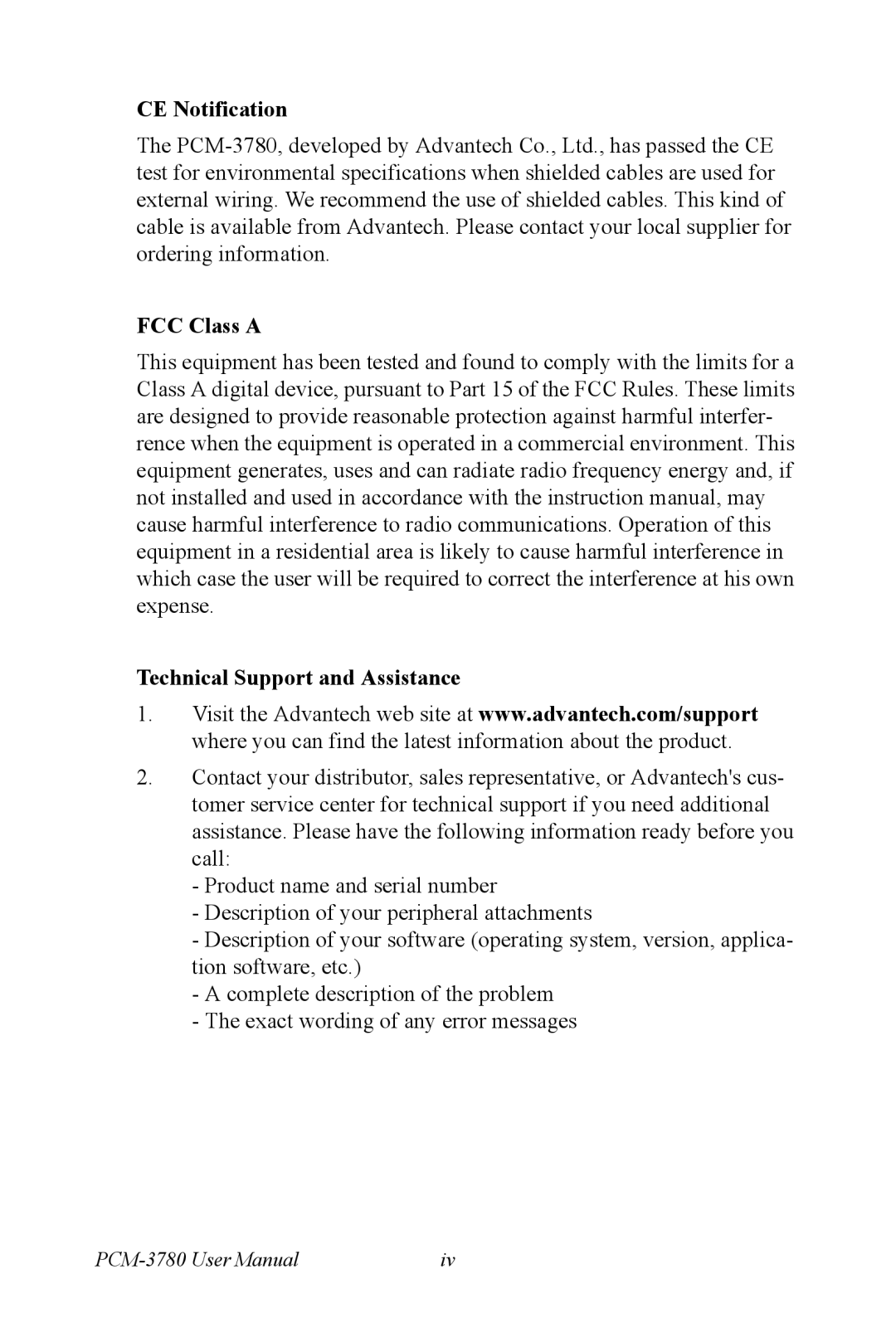 Advantech PCM-3780 manual CE Notification FCC Class a Technical Support and Assistance 