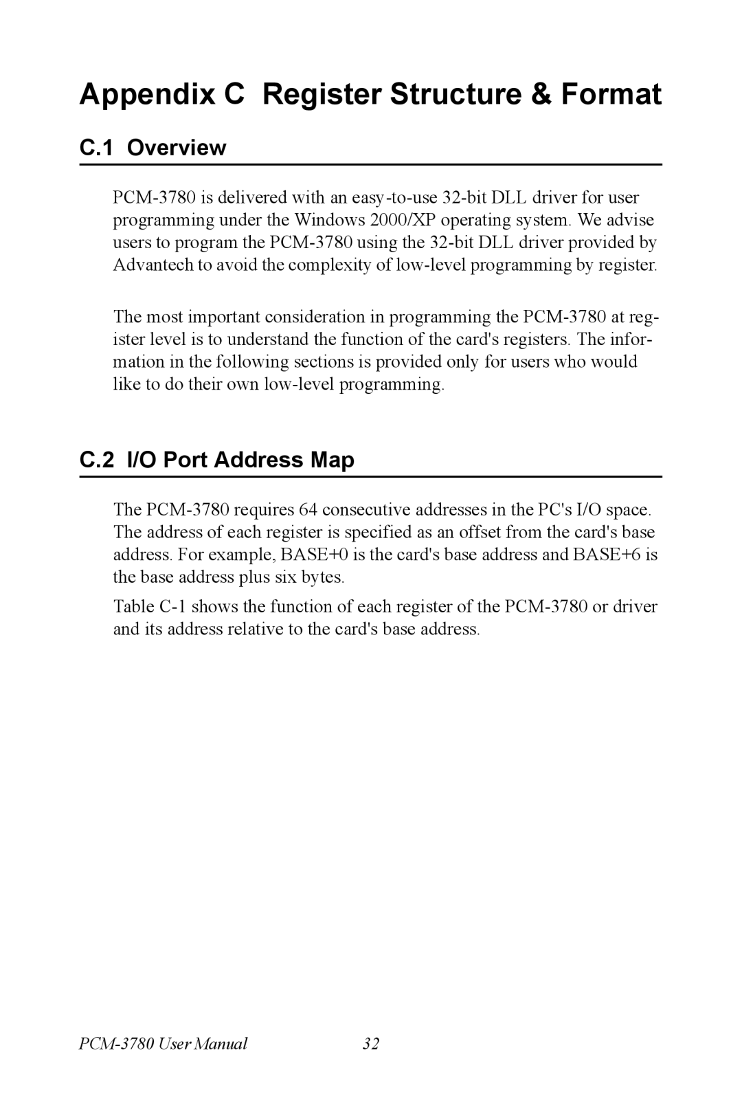 Advantech PCM-3780 manual Appendix C Register Structure & Format, I/O Port Address Map 