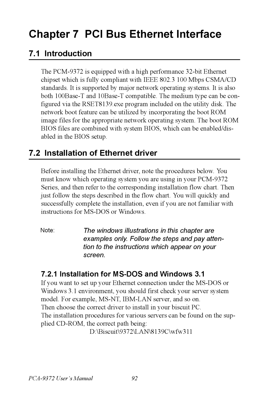 Advantech PCM-9372 PCI Bus Ethernet Interface, Installation of Ethernet driver, Installation for MS-DOS and Windows 