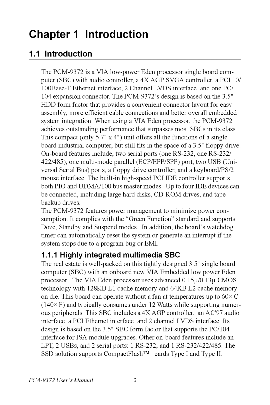Advantech PCM-9372 user manual Introduction, Highly integrated multimedia SBC 
