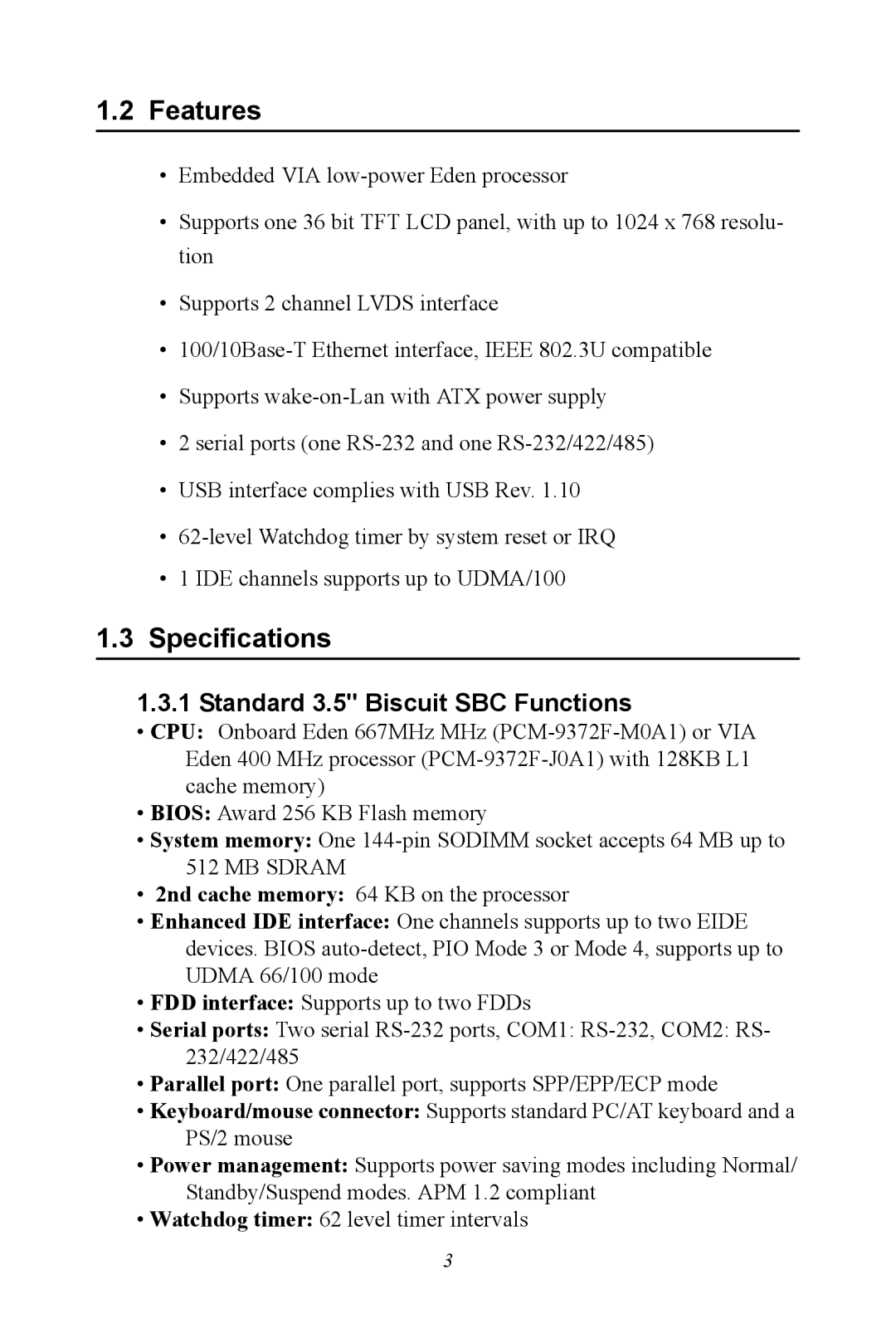 Advantech PCM-9372 user manual Features, Specifications, Standard 3.5 Biscuit SBC Functions 