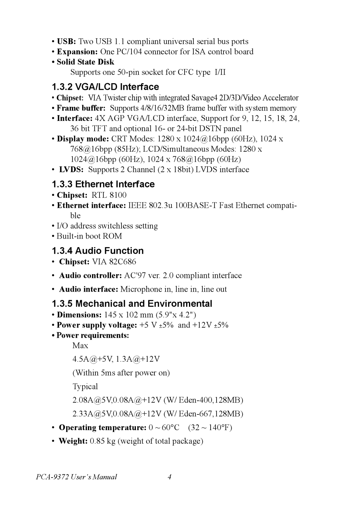 Advantech PCM-9372 user manual 2 VGA/LCD Interface, Ethernet Interface, Audio Function, Mechanical and Environmental 