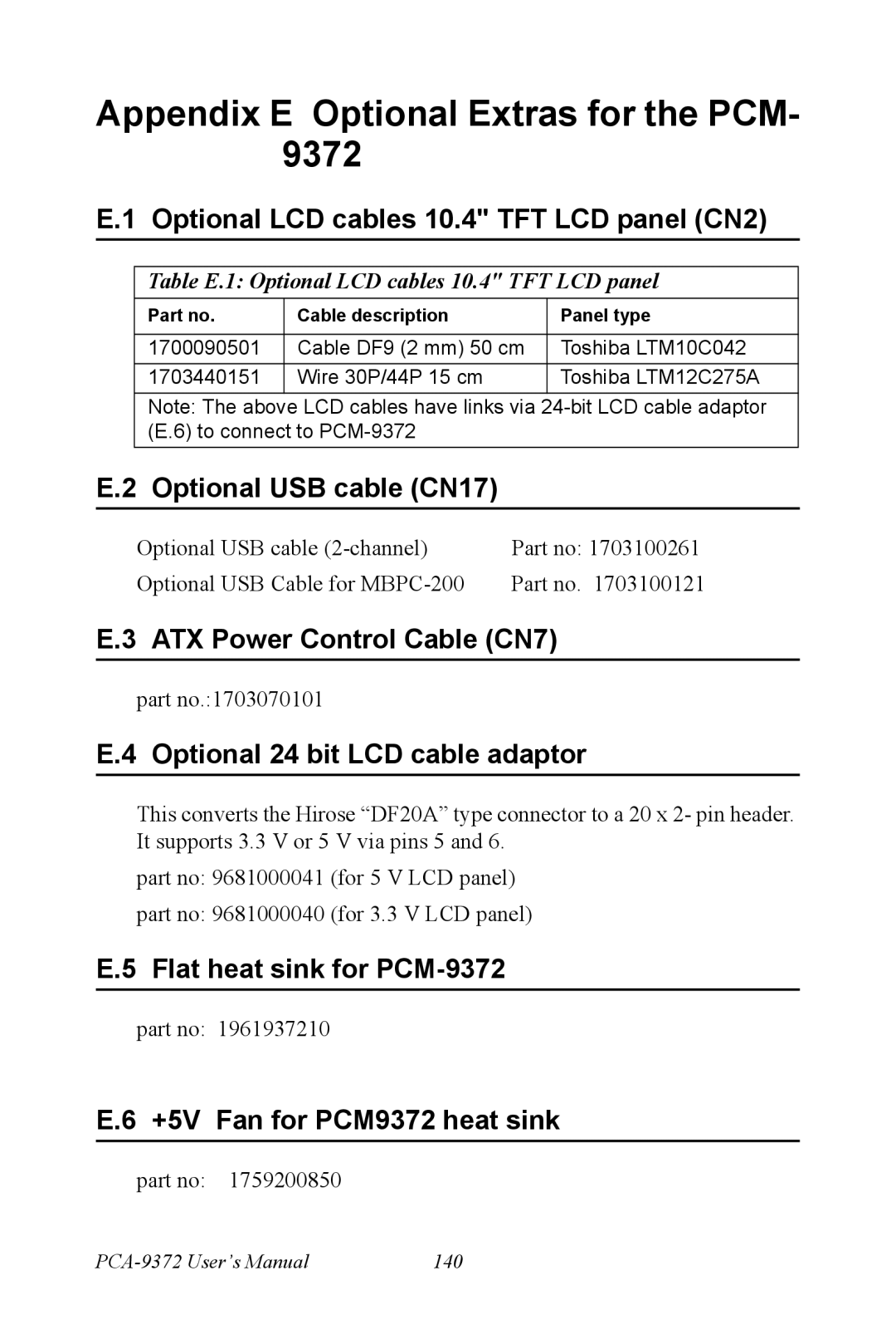 Advantech PCM-9372 user manual Appendix E Optional Extras for the PCM 