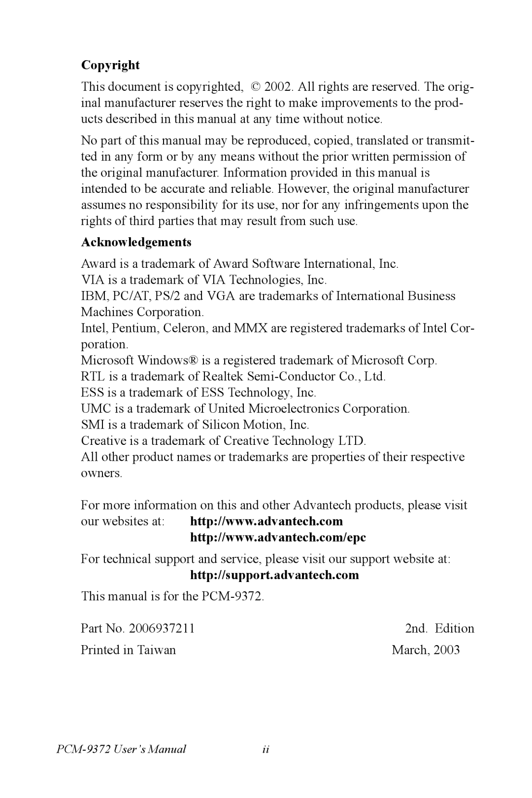 Advantech PCM-9372 user manual Copyright 