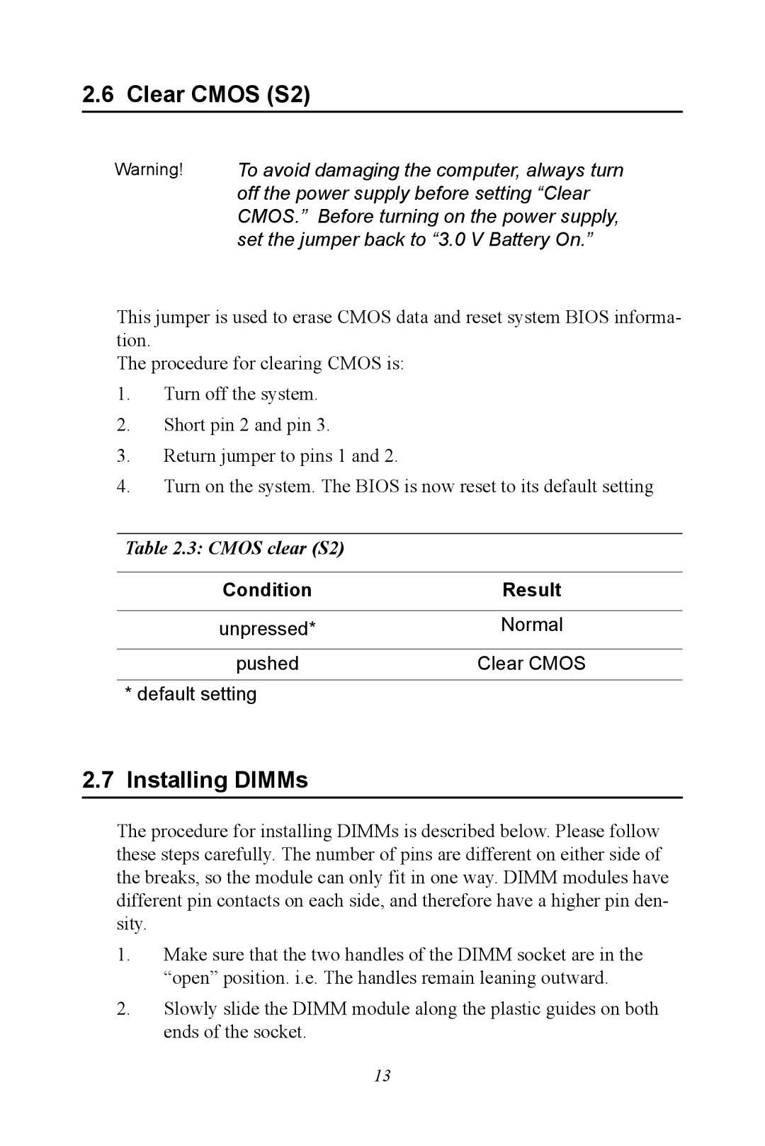 Advantech PCM-9372 user manual Clear Cmos S2, Installing DIMMs, Cmos clear S2 