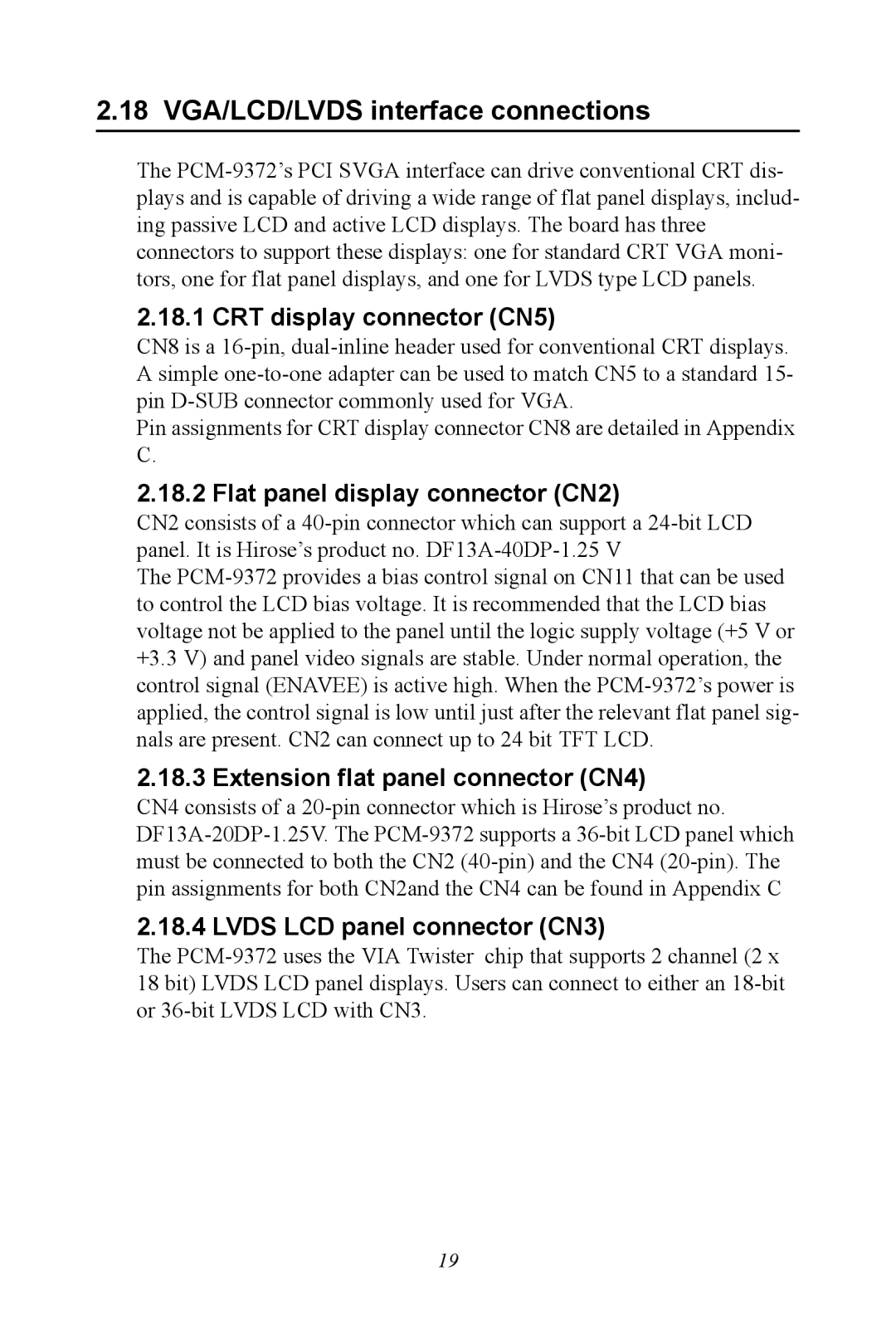 Advantech PCM-9372 18 VGA/LCD/LVDS interface connections, CRT display connector CN5, Flat panel display connector CN2 