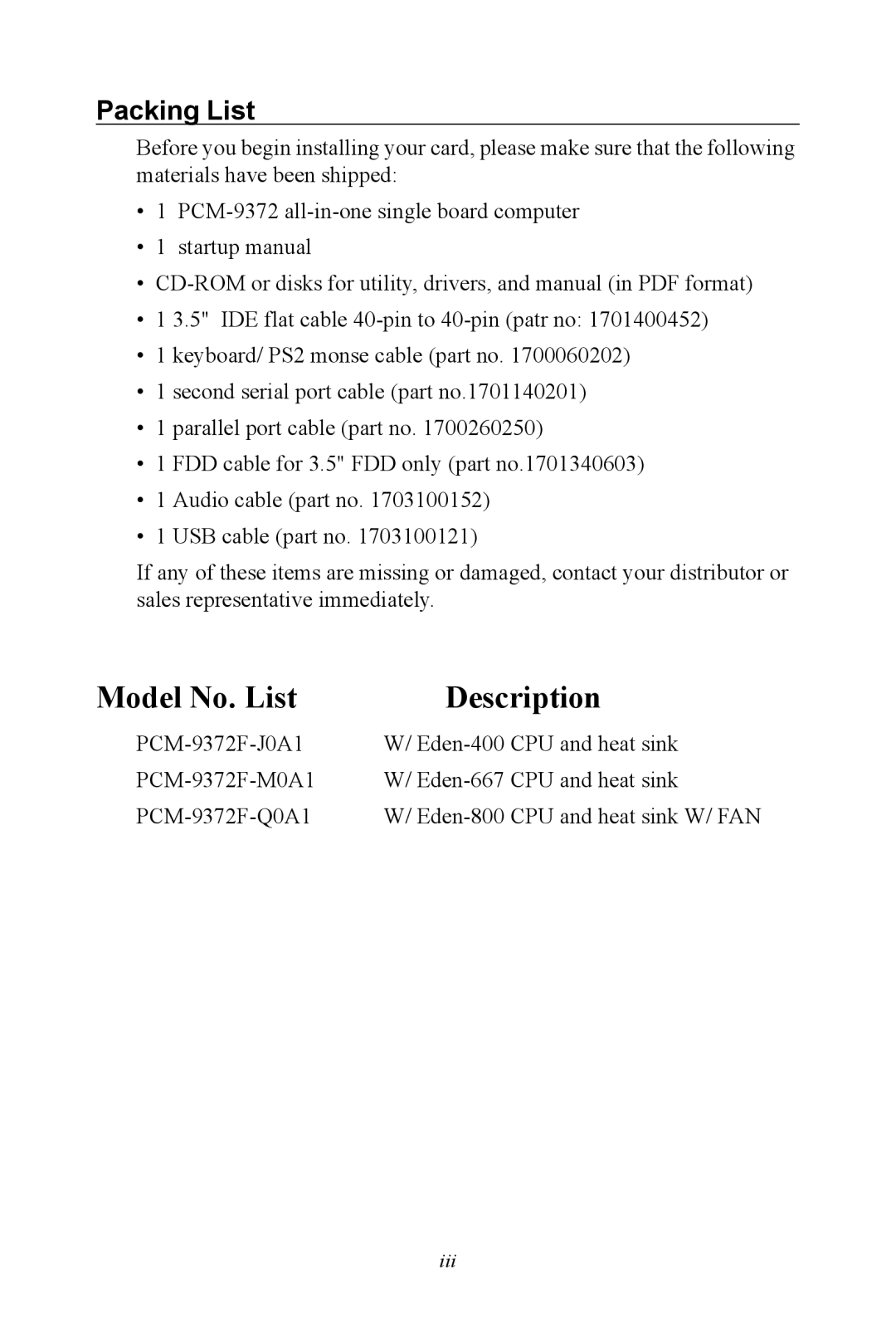 Advantech PCM-9372 user manual Model No. List Description, Packing List 