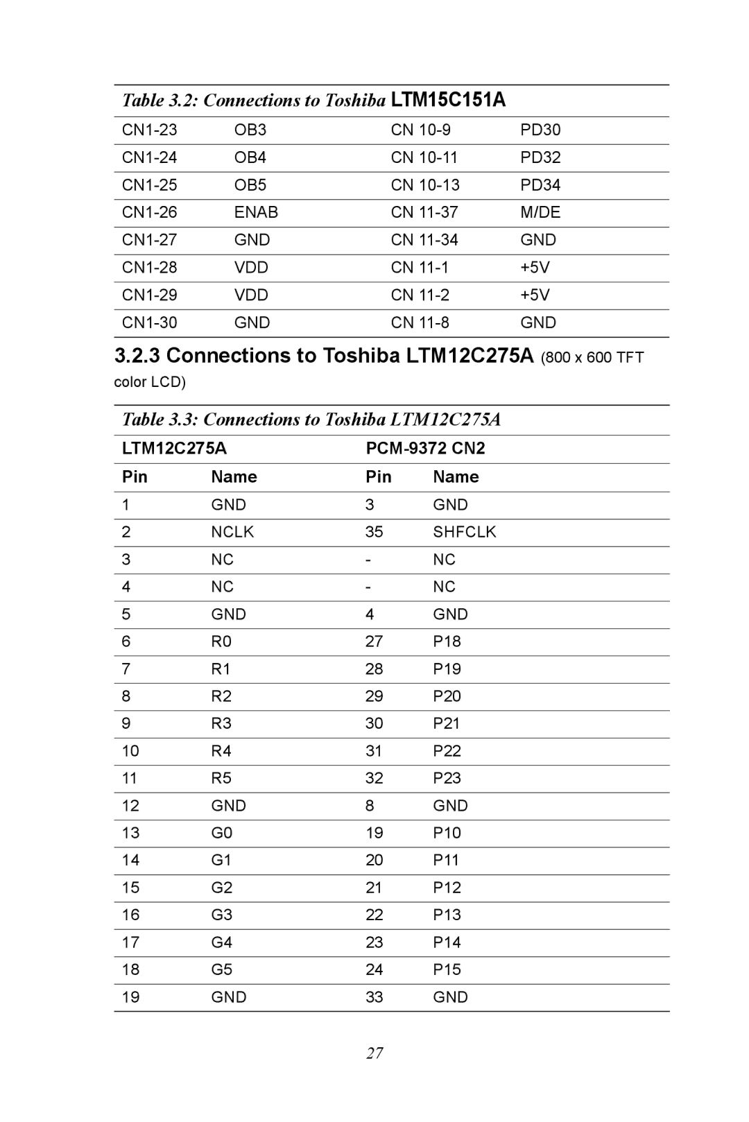 Advantech PCM-9372 user manual Connections to Toshiba LTM12C275A 800 x 600 TFT 