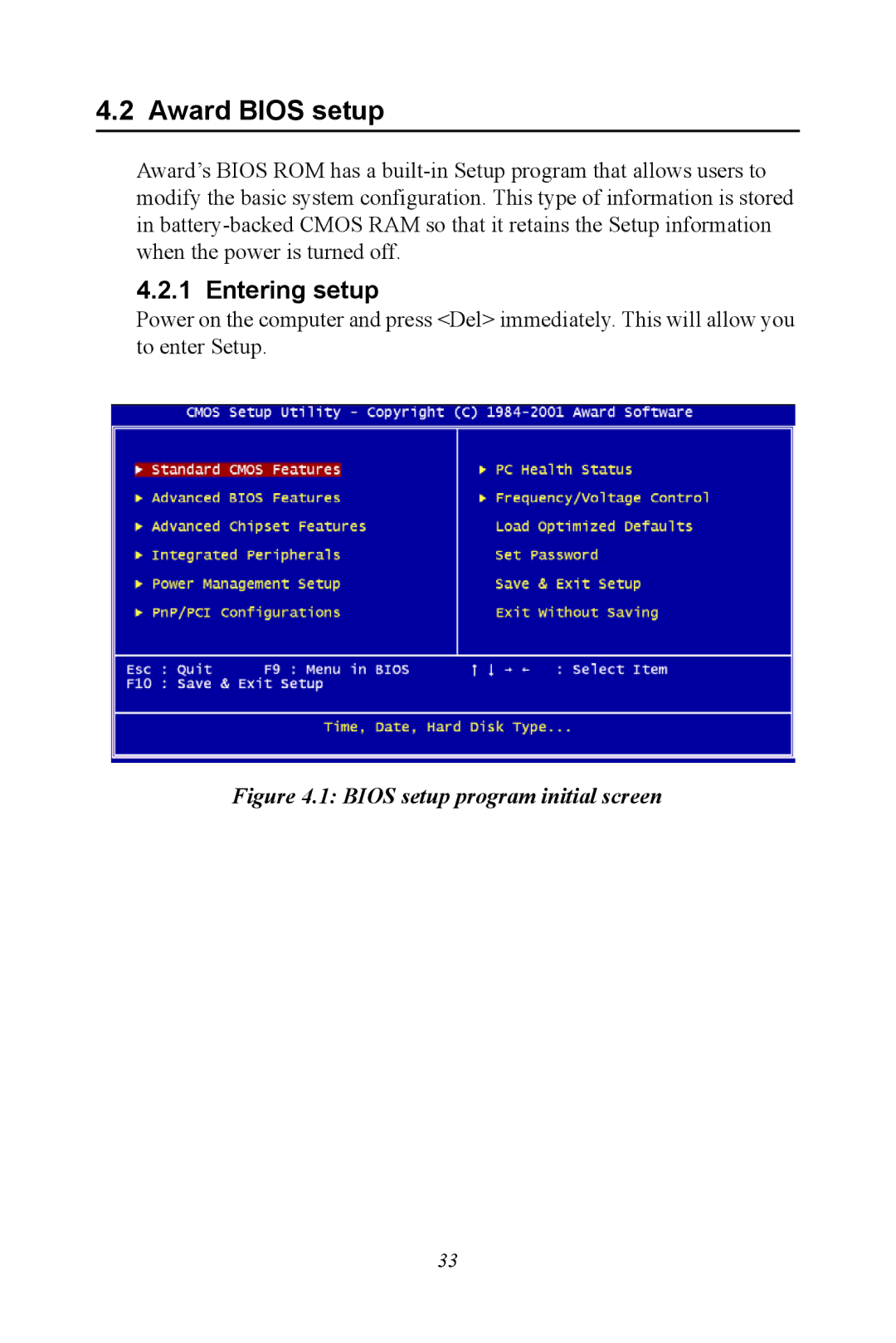 Advantech PCM-9372 user manual Award Bios setup, Entering setup 