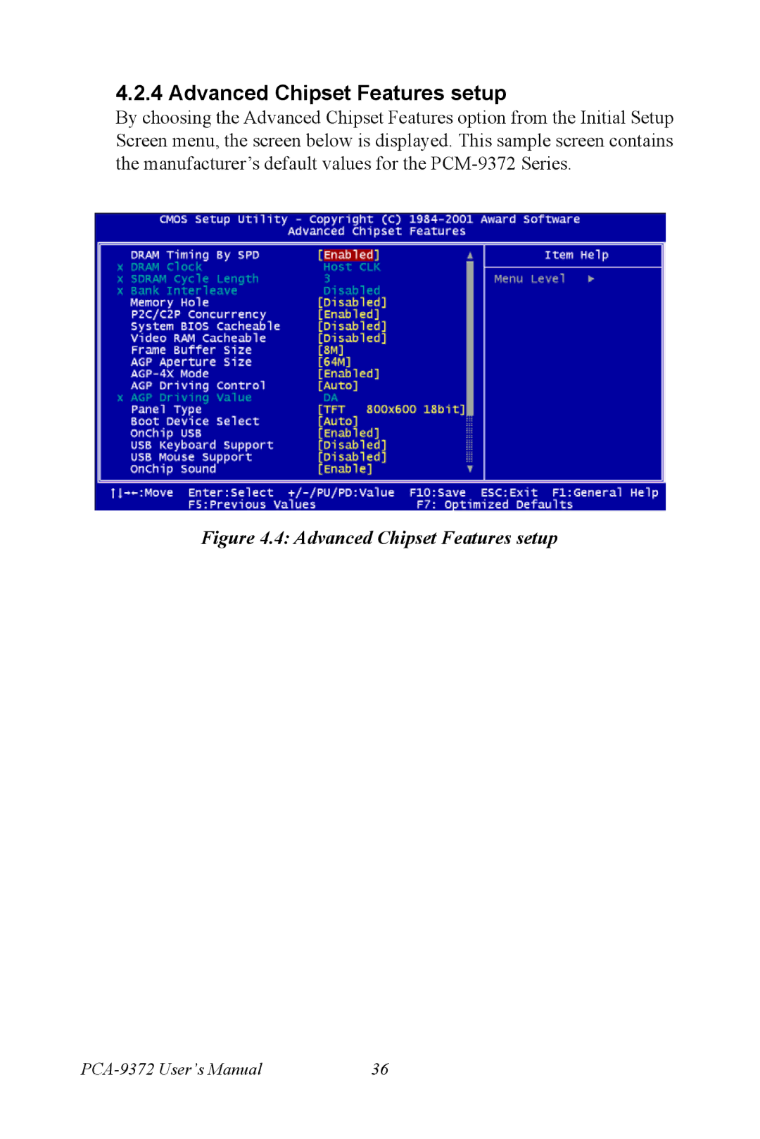 Advantech PCM-9372 user manual Advanced Chipset Features setup 