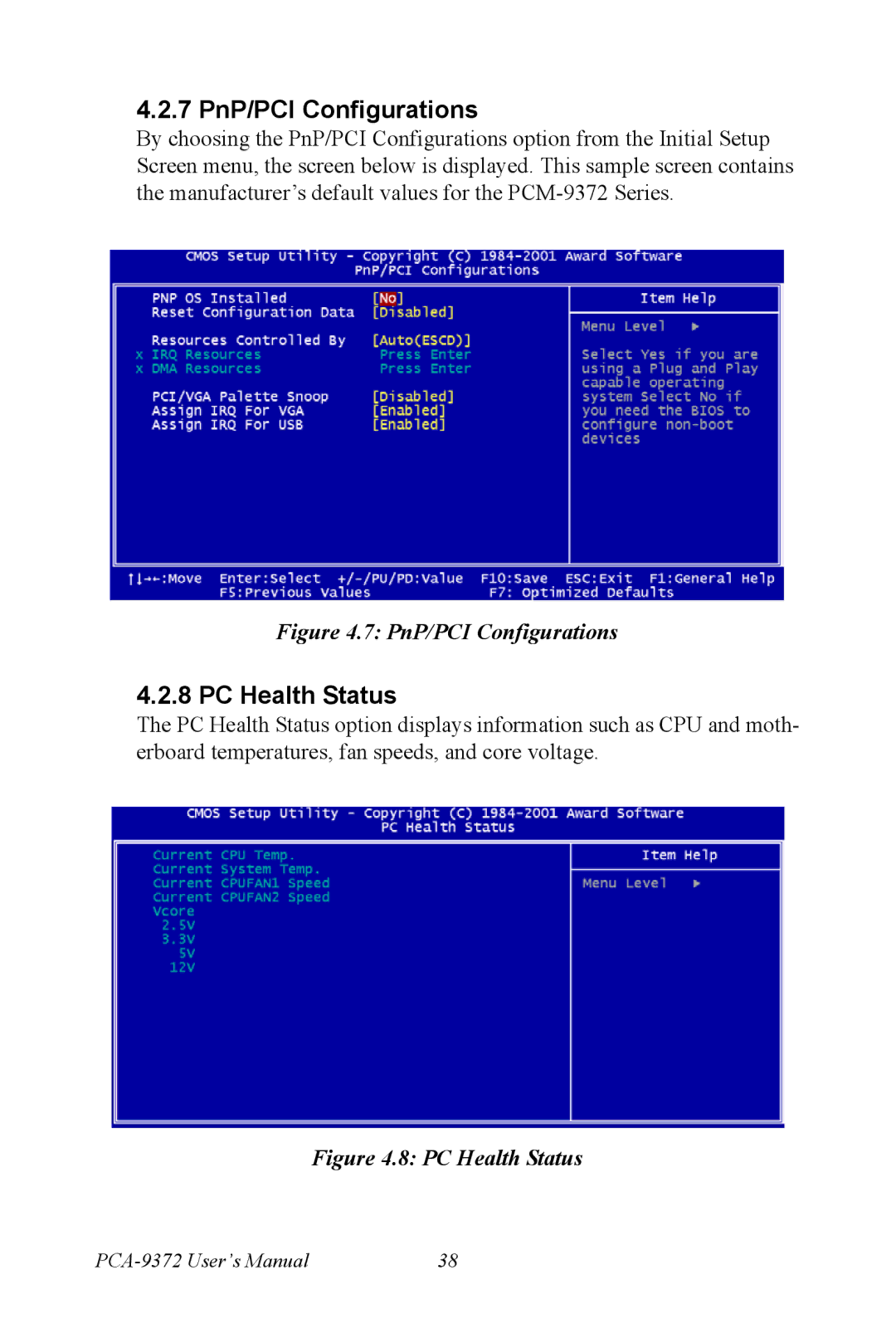 Advantech PCM-9372 user manual 7 PnP/PCI Configurations, PC Health Status 