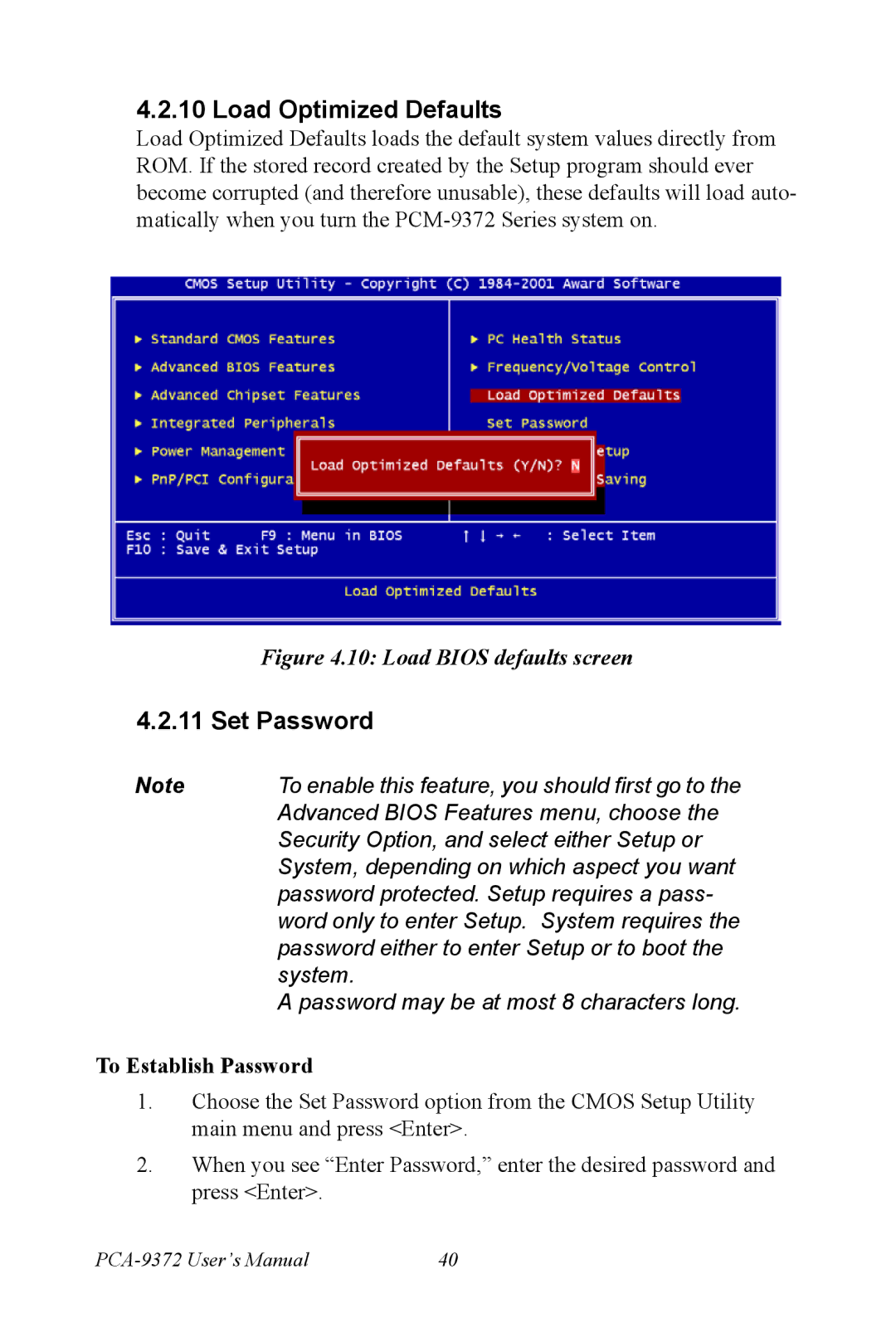 Advantech PCM-9372 user manual Load Optimized Defaults, Set Password 