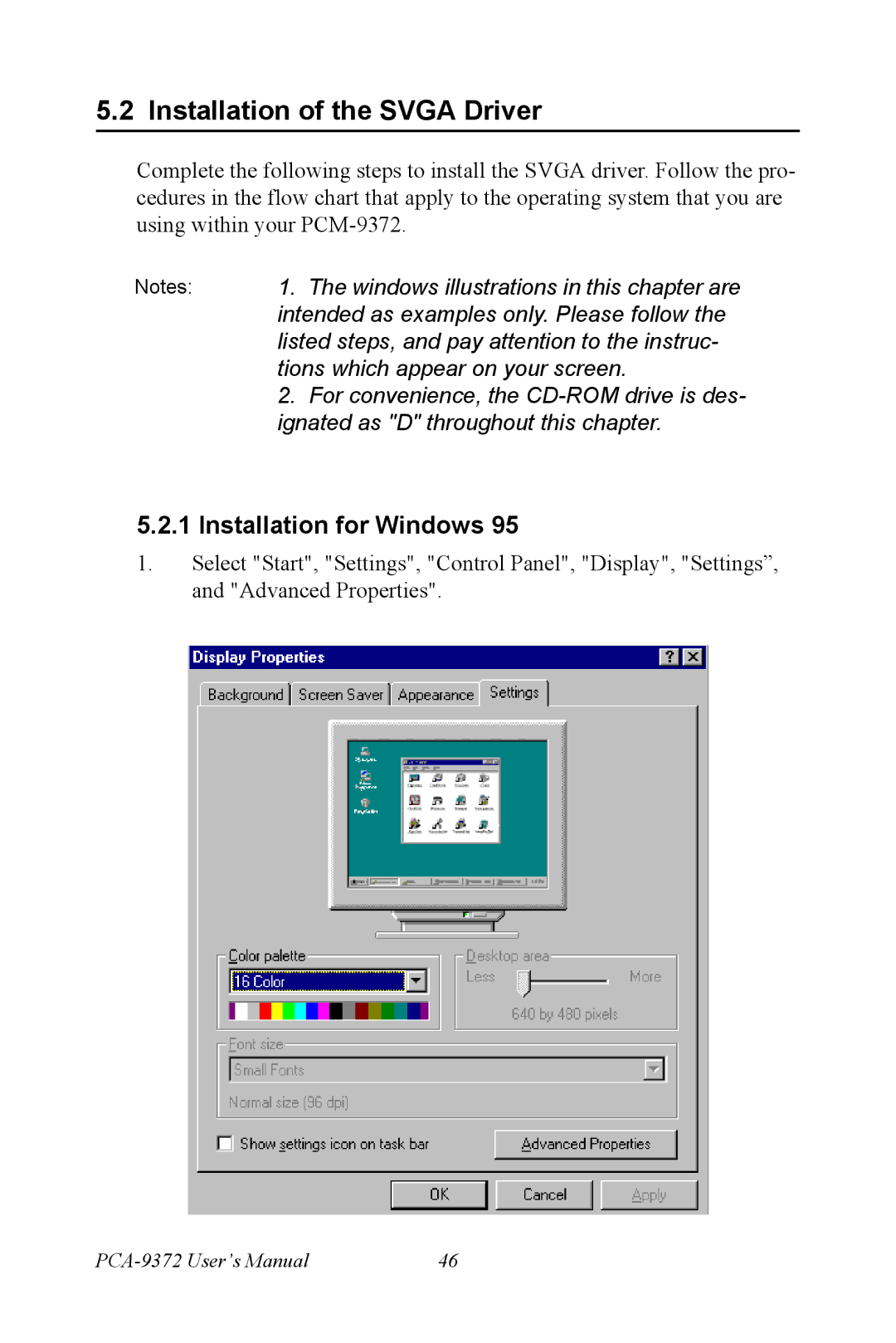 Advantech PCM-9372 user manual Installation of the Svga Driver, Installation for Windows 