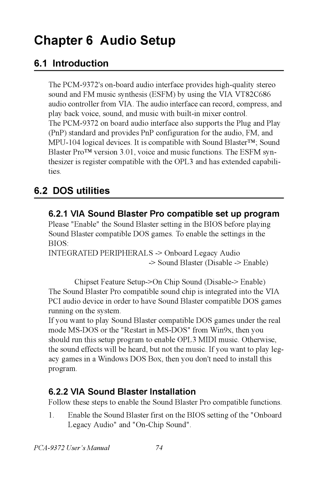 Advantech PCM-9372 DOS utilities, VIA Sound Blaster Pro compatible set up program, VIA Sound Blaster Installation 