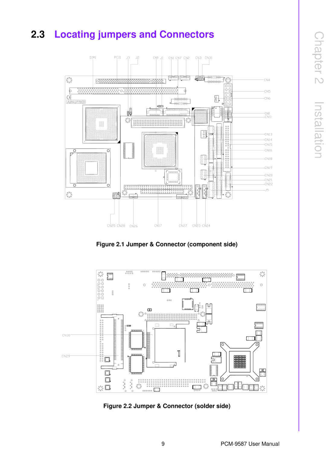 Advantech PCM-9587 user manual Locating jumpers and Connectors, Jumper & Connector component side 