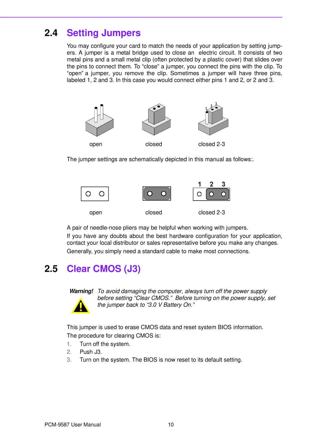 Advantech PCM-9587 user manual Setting Jumpers, Clear Cmos J3 