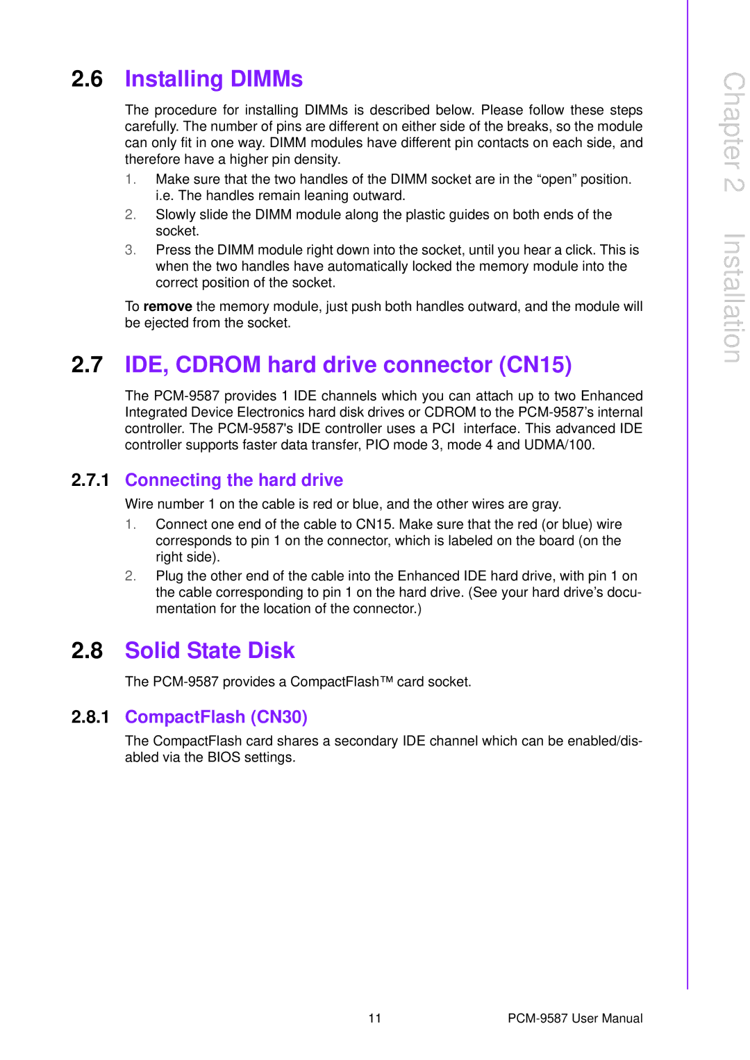 Advantech PCM-9587 Installing DIMMs, IDE, Cdrom hard drive connector CN15, Solid State Disk, Connecting the hard drive 