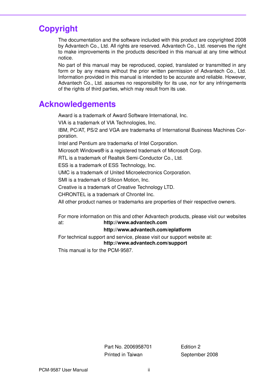 Advantech PCM-9587 user manual Copyright Acknowledgements 