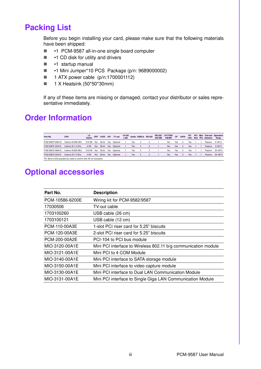 Advantech PCM-9587 user manual Packing List, Order Information, Optional accessories 