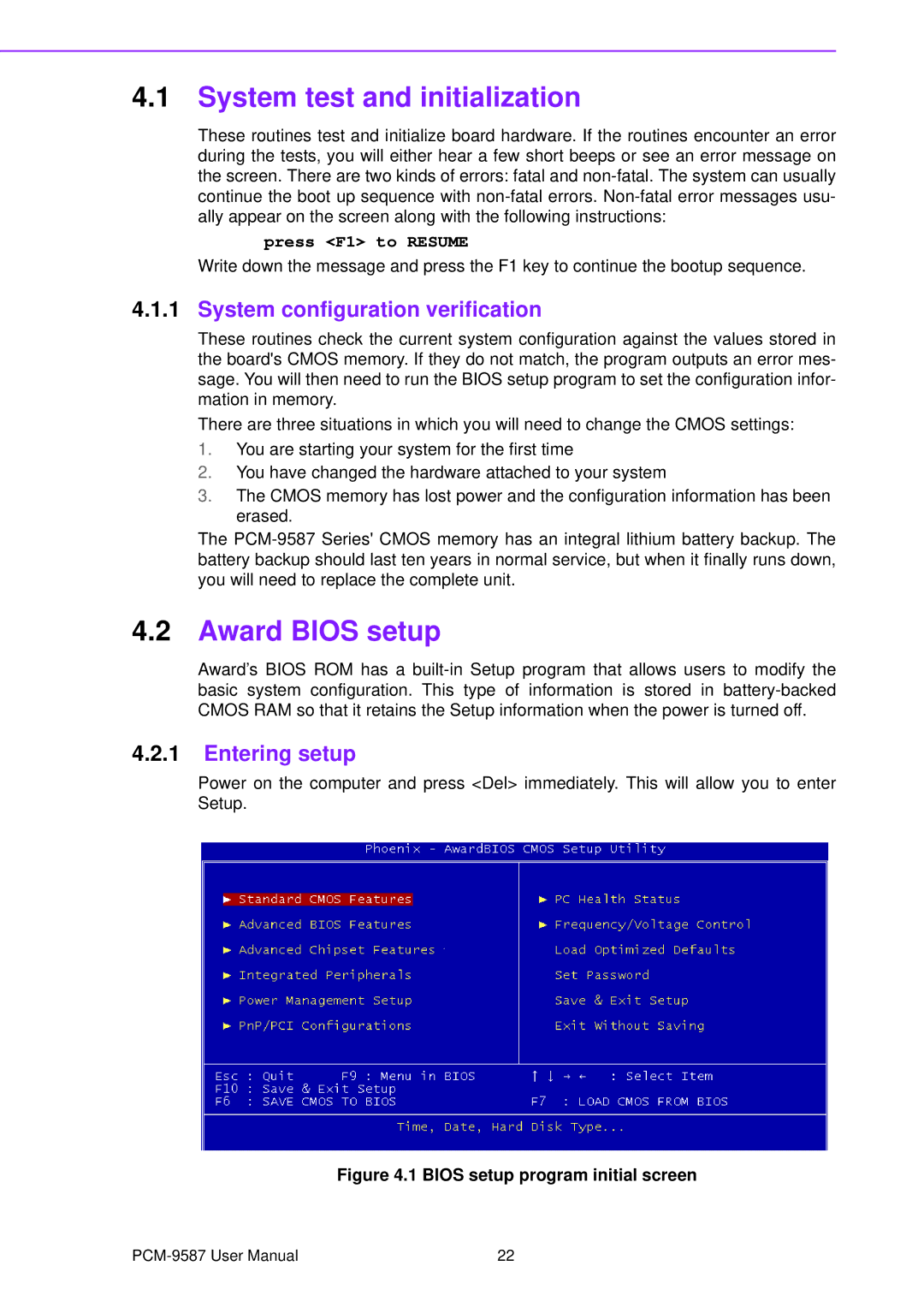 Advantech PCM-9587 System test and initialization, Award Bios setup, System configuration verification, Entering setup 