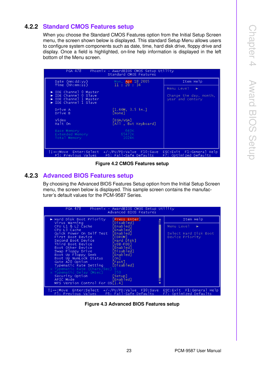 Advantech PCM-9587 user manual Standard Cmos Features setup, Advanced Bios Features setup 