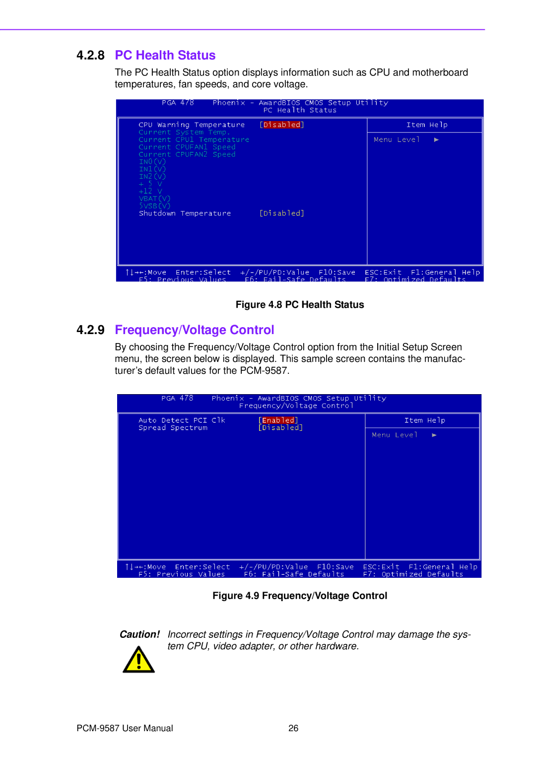 Advantech PCM-9587 user manual PC Health Status, Frequency/Voltage Control 