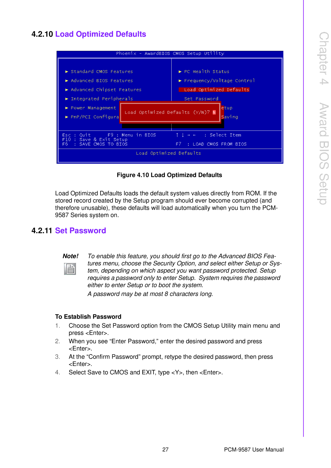 Advantech PCM-9587 user manual Load Optimized Defaults, Set Password 