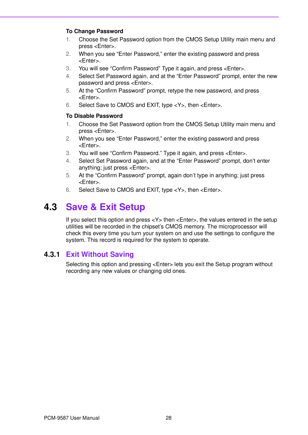 Advantech PCM-9587 user manual Save & Exit Setup, Exit Without Saving 