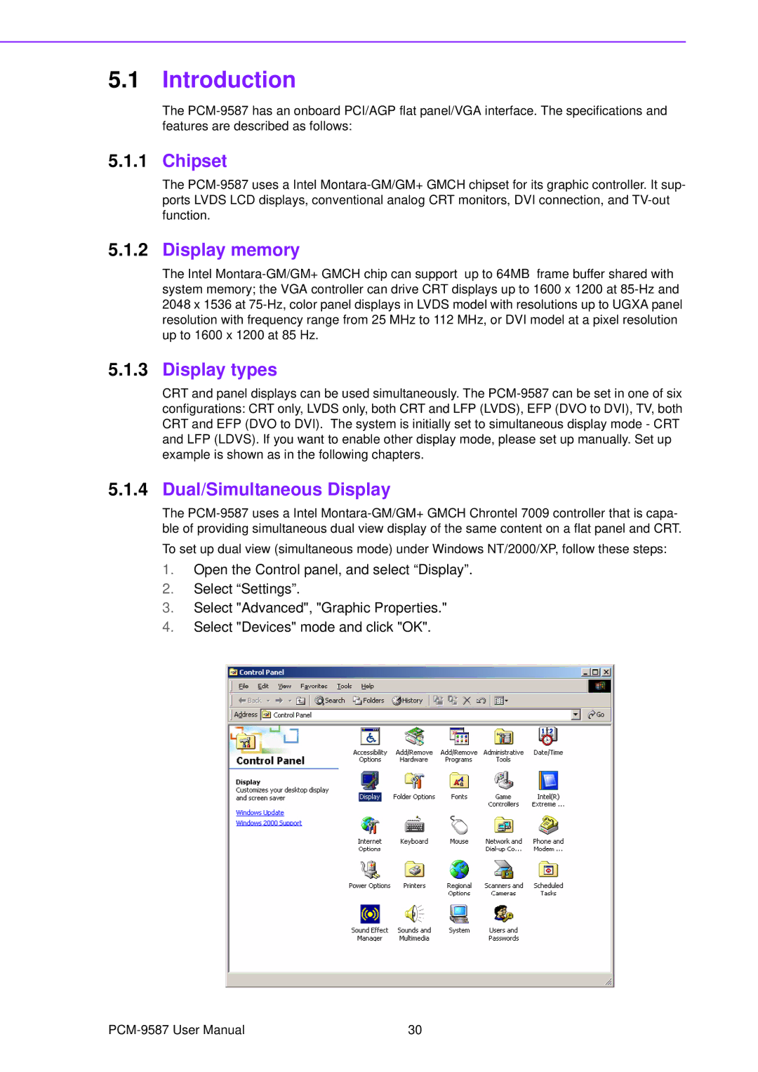 Advantech PCM-9587 user manual Chipset, Display memory, Display types, Dual/Simultaneous Display 