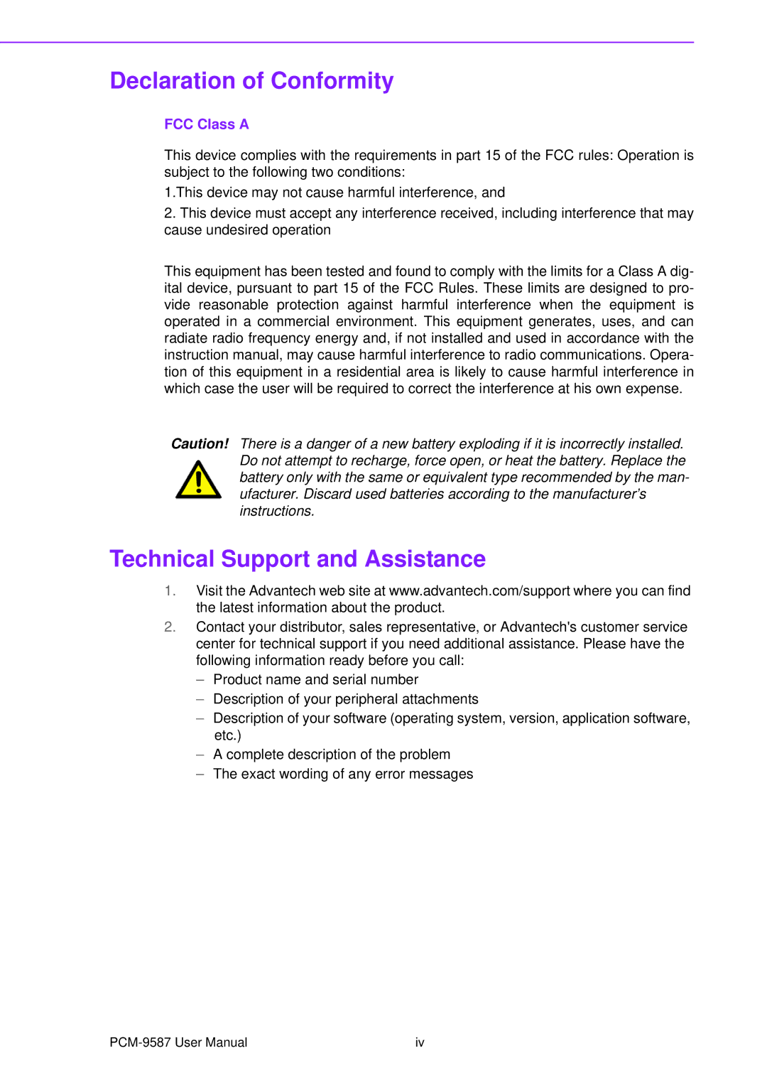 Advantech PCM-9587 user manual Declaration of Conformity, Technical Support and Assistance 