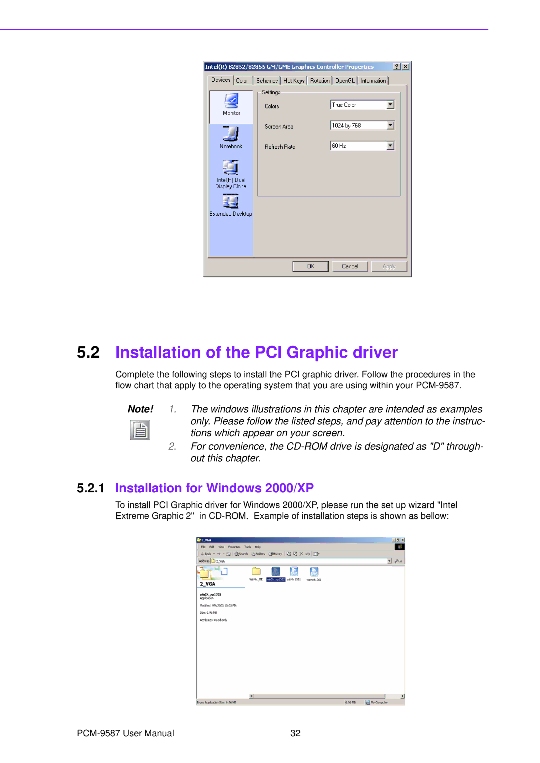 Advantech PCM-9587 user manual Installation of the PCI Graphic driver, Installation for Windows 2000/XP 