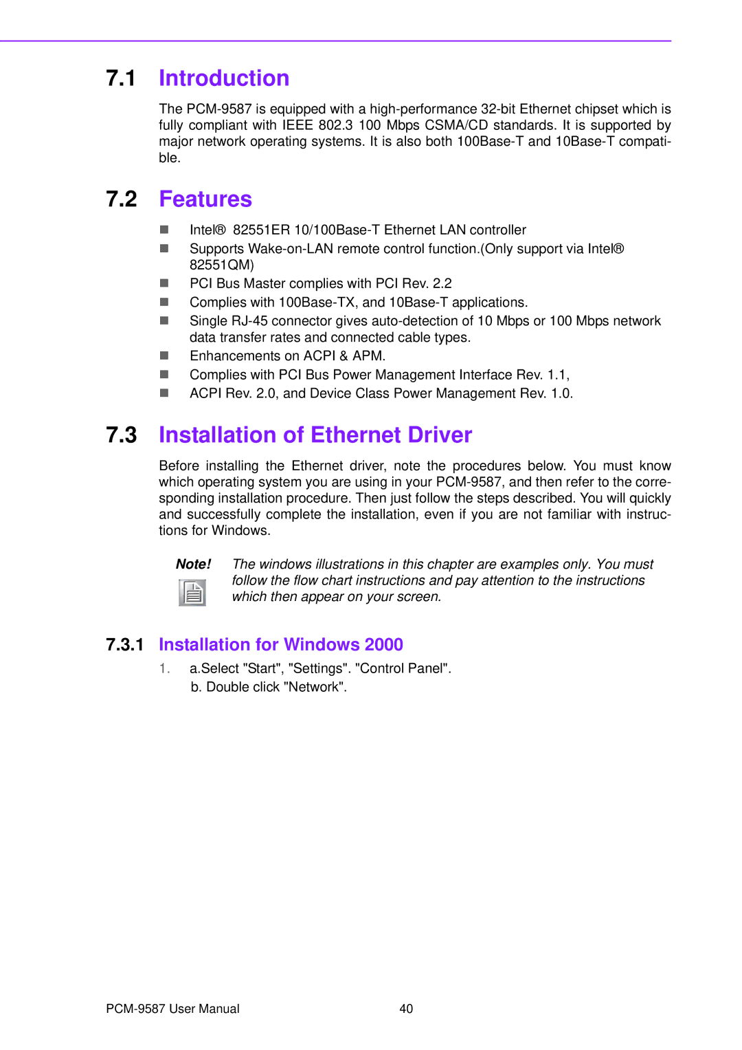 Advantech PCM-9587 user manual Installation of Ethernet Driver, Installation for Windows 