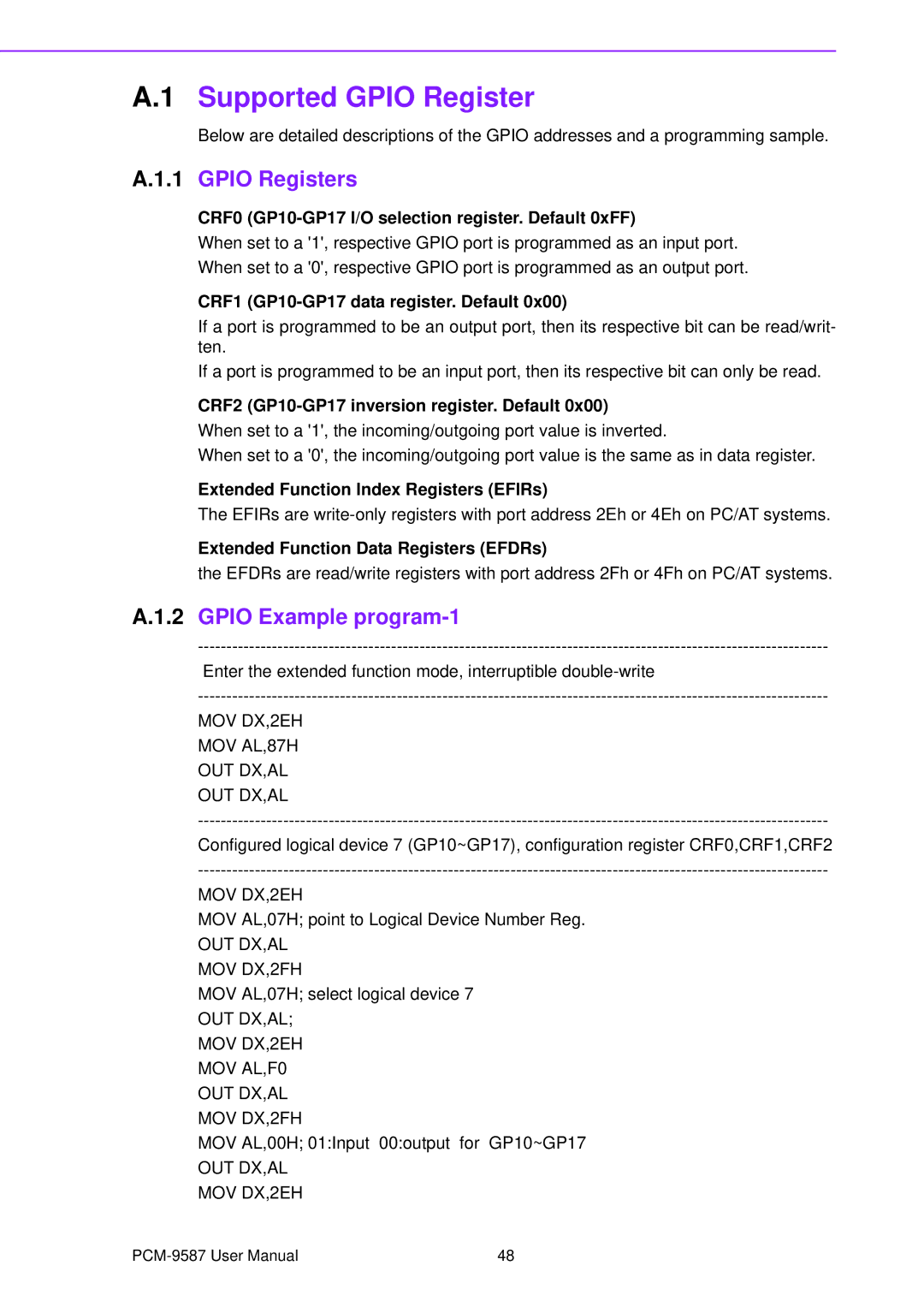 Advantech PCM-9587 user manual Supported Gpio Register, Gpio Registers, Gpio Example program-1 