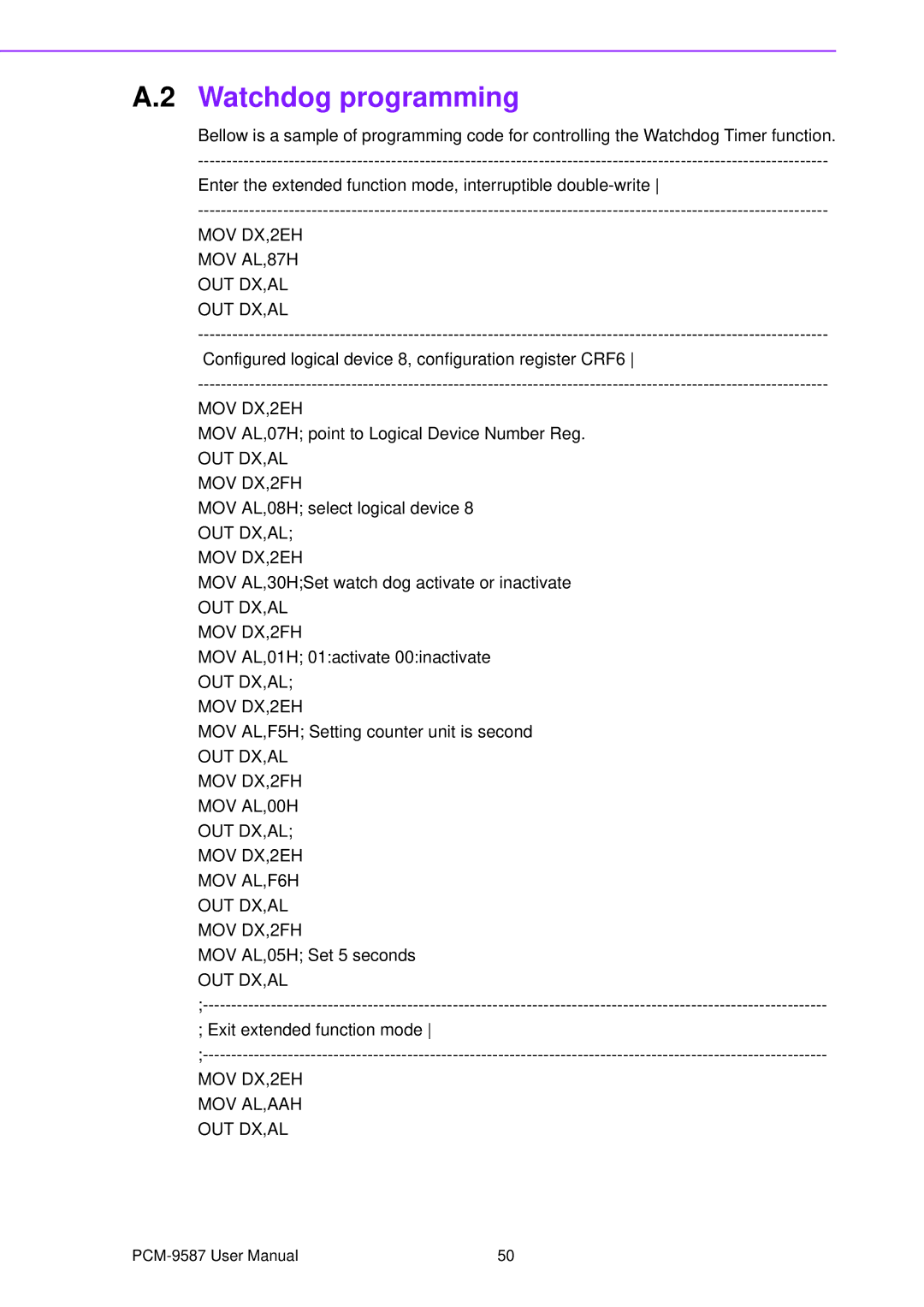 Advantech PCM-9587 user manual Watchdog programming 